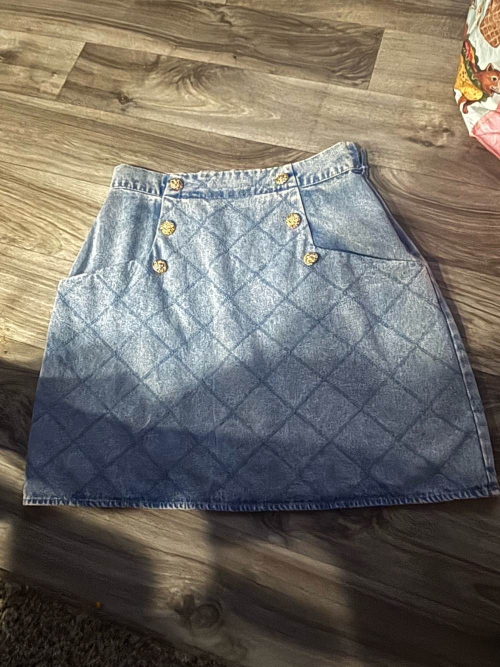 entro Light Blue Quilted Denim Skirt with Gold Buttons